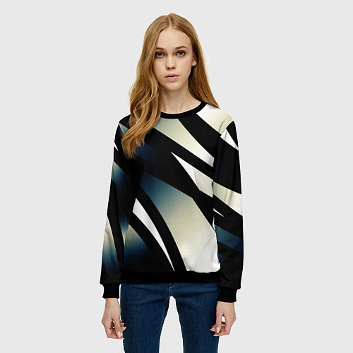 Женский свитшот Чёрно-белый с синим затемнением полосы / 3D-Черный – фото 3