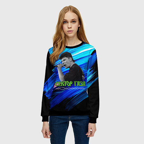 Женский свитшот Юрий Хой синий фон красками / 3D-Черный – фото 3