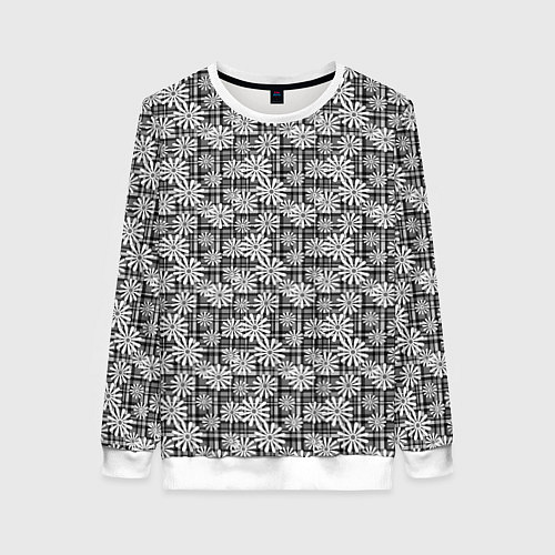 Женский свитшот Белые ромашки на клетчатом черно белом фоне / 3D-Белый – фото 1