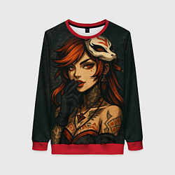 Свитшот женский Рыжая девушка с маской лисы дерзкий стиль, цвет: 3D-красный