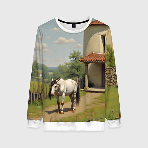 Женский свитшот Старый домик и лошадь / 3D-Белый – фото 1