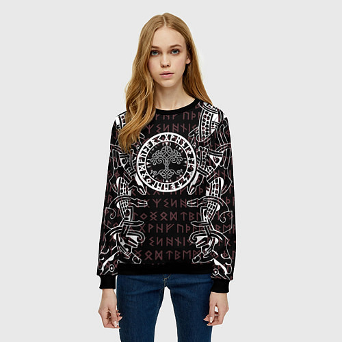 Женский свитшот Дерево жизни и древние руны / 3D-Черный – фото 3