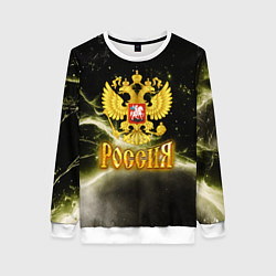 Свитшот женский Россия - герб на черно-зеленом фоне, цвет: 3D-белый