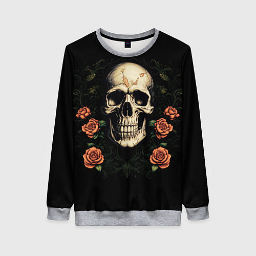 Женский свитшот Череп в красных розах / 3D-Меланж – фото 1