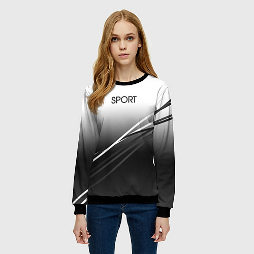 Женский свитшот Sport градиент из белого в серый с полосами / 3D-Черный – фото 3