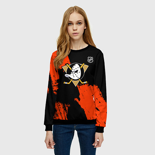 Женский свитшот Анахайм Дакс - оранжевая краска / 3D-Черный – фото 3