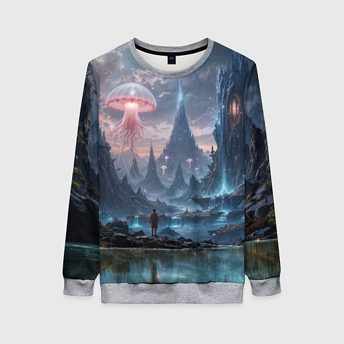 Женский свитшот Фантастический мир с медузами и озеро у гор / 3D-Меланж – фото 1