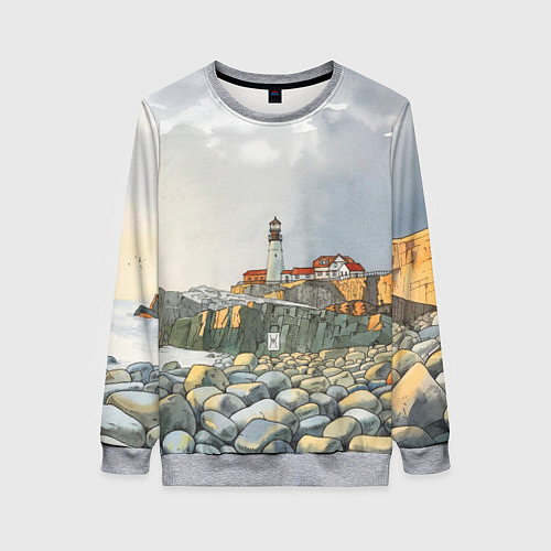 Женский свитшот Маяк и камни на пляже - акварельный рисунок / 3D-Меланж – фото 1