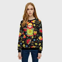 Свитшот женский Хохломская роспись с русской матрёшкой, цвет: 3D-черный — фото 2