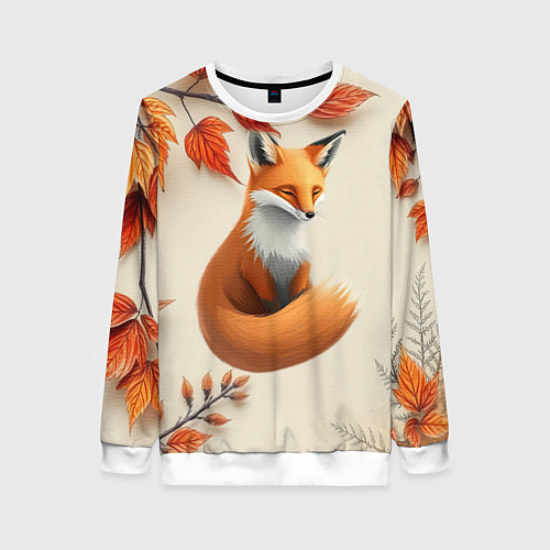 Женский свитшот Лис под осенними листьями / 3D-Белый – фото 1