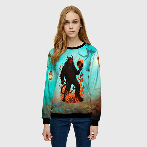 Женский свитшот Bones в стиле демона / 3D-Черный – фото 3