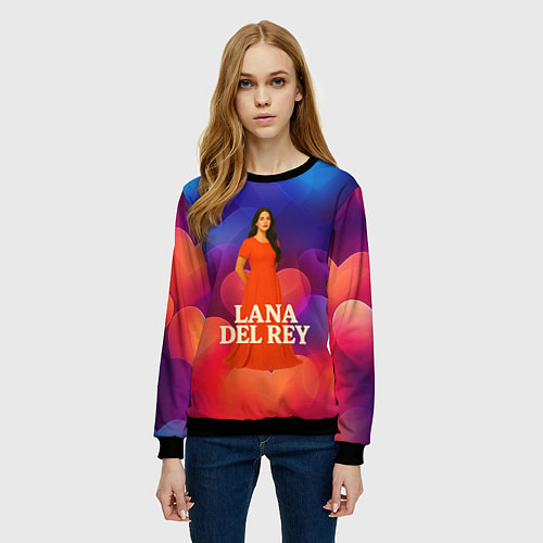 Женский свитшот Lana Del Rey на фоне сердечек / 3D-Черный – фото 3