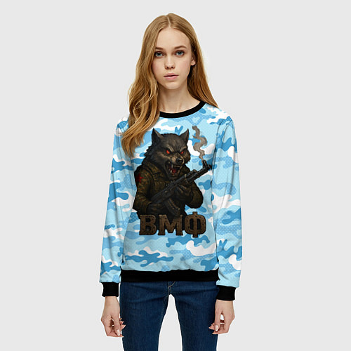 Женский свитшот Волк с красными глазами ВМФ / 3D-Черный – фото 3