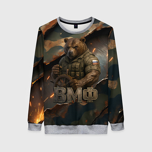 Женский свитшот ВМФ медведь у штурвала на фоне камуфляжа / 3D-Меланж – фото 1