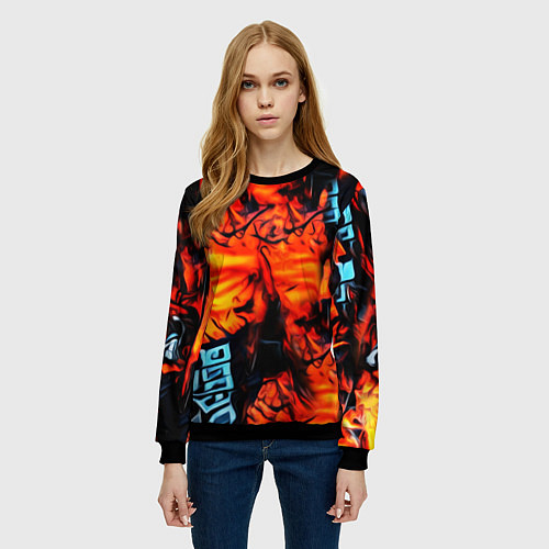Женский свитшот Абстрактная текстура рыжего пламени / 3D-Черный – фото 3