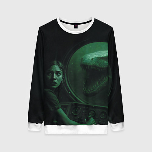 Женский свитшот На батискаф с девушкой нападает Тилозавр ужасы / 3D-Белый – фото 1