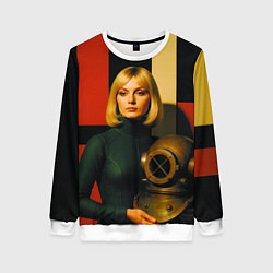 Свитшот женский Девушка с водолазным шлемом ретрофутуризм поп-арт, цвет: 3D-белый