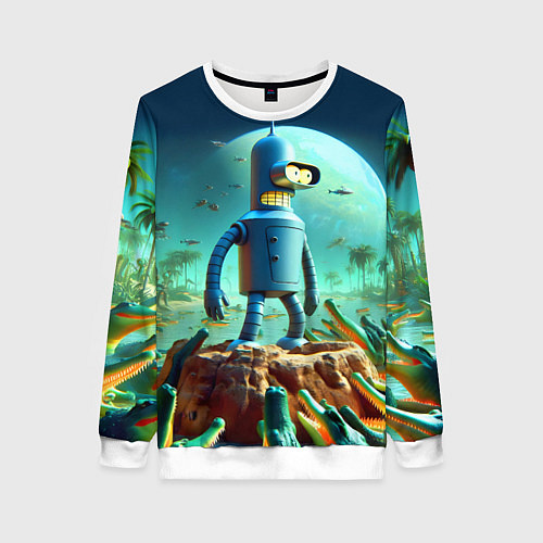 Женский свитшот Роботу-сгибальщику Бендеру по-барабану стая крокод / 3D-Белый – фото 1