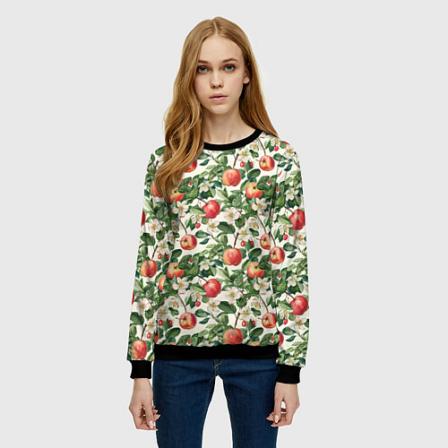 Женский свитшот Яркие яблочки - паттерн / 3D-Черный – фото 3