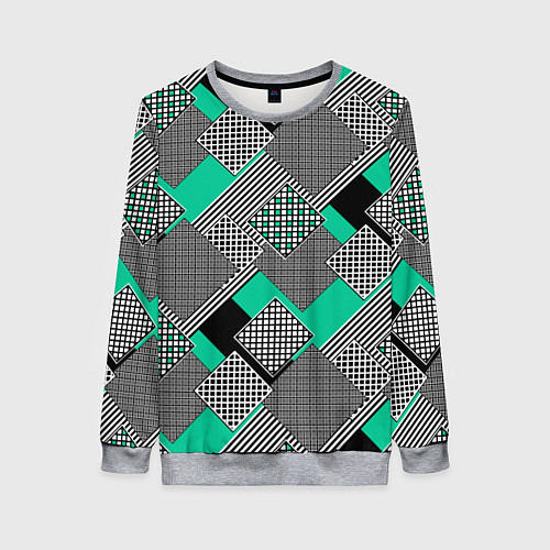 Женский свитшот Черно бирюзовая абстрактная геометрия пэчворк / 3D-Меланж – фото 1
