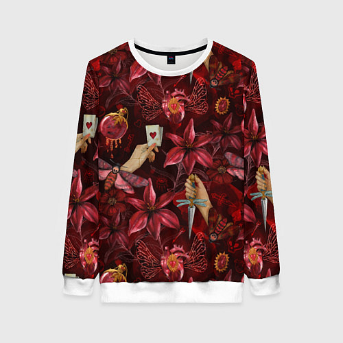 Женский свитшот Бордовая готика с сердцем, лилиями и мотыльками / 3D-Белый – фото 1