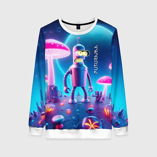 Женский свитшот Робот-сгибальщик Бендер и неоновые грибы / 3D-Белый – фото 1