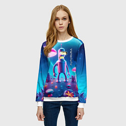 Свитшот женский Робот-сгибальщик Бендер и неоновые грибы, цвет: 3D-белый — фото 2