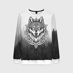 Свитшот женский Волк в кельтском стиле и лес, цвет: 3D-белый