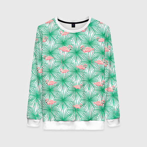Женский свитшот Фламинго и тропики / 3D-Белый – фото 1