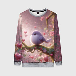 Свитшот женский Маленькая фиолетовая птица с сердечками и цветами, цвет: 3D-меланж