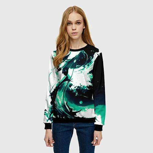 Женский свитшот Чёрно-зелёный абстракция волна / 3D-Черный – фото 3