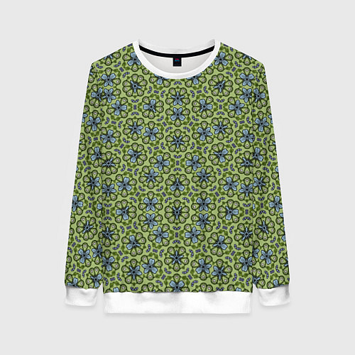 Женский свитшот Синие цветочные мотивы на зеленом / 3D-Белый – фото 1