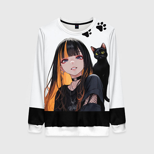 Женский свитшот Девушка и кот / 3D-Белый – фото 1