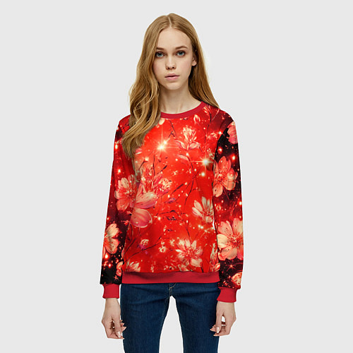 Женский свитшот Цветочный красный с искрами / 3D-Красный – фото 3