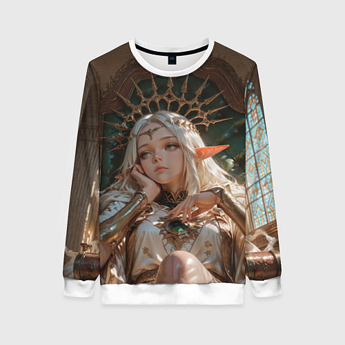 Женский свитшот Беловолосая королева эльфов на троне / 3D-Белый – фото 1