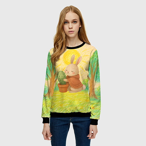 Женский свитшот Заяц обнимает кактус / 3D-Черный – фото 3