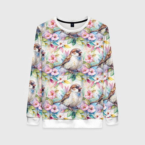 Женский свитшот Воробей в ярких цветах паттерн / 3D-Белый – фото 1