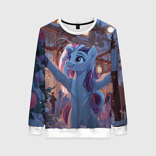 Женский свитшот Лошадка наслаждается новым годом / 3D-Белый – фото 1