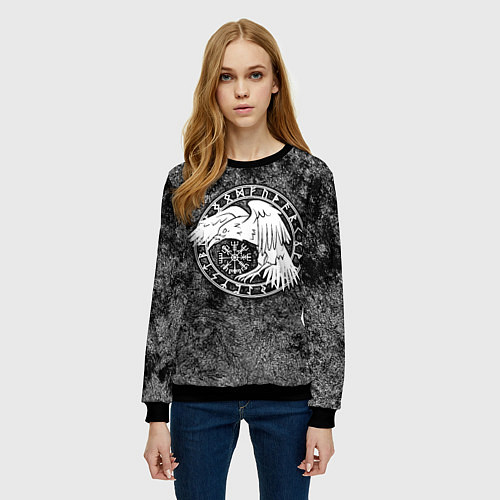 Женский свитшот Ворон в круге рун и компас вегвизир / 3D-Черный – фото 3