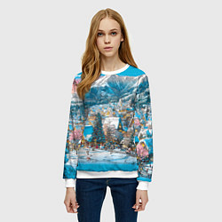 Свитшот женский Новогодняя деревушка в горах, цвет: 3D-белый — фото 2