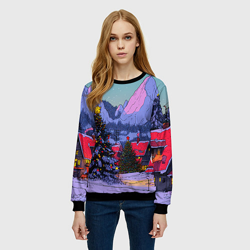 Женский свитшот Новогодние елки в горном городке / 3D-Черный – фото 3