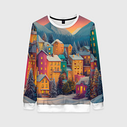 Свитшот женский Новогодний город в горах, цвет: 3D-белый