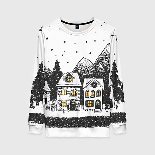 Женский свитшот Черно-белый новогодний город / 3D-Белый – фото 1