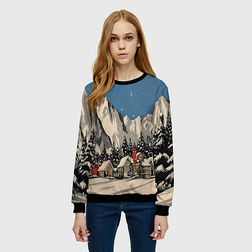 Женский свитшот Небольшой новогодний город в горах / 3D-Черный – фото 3