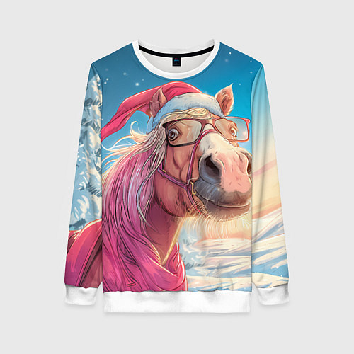 Женский свитшот Новогодняя лошадь в очках / 3D-Белый – фото 1