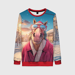 Свитшот женский Удивленная лошадь в очках, цвет: 3D-красный