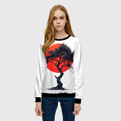 Женский свитшот Японское дерево и солнце / 3D-Черный – фото 3