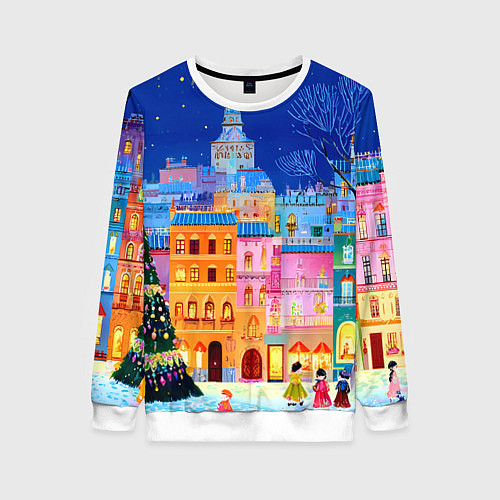 Женский свитшот Разноцветные новогодние домики / 3D-Белый – фото 1