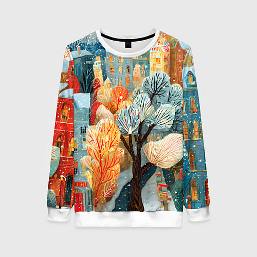 Женский свитшот Разноцветные новогодние домики / 3D-Белый – фото 1