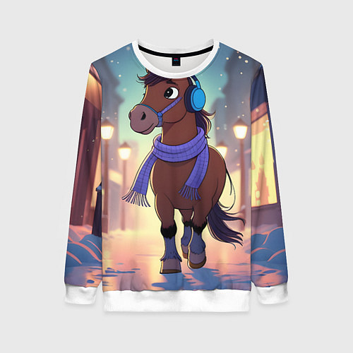 Женский свитшот Лошадка в шарфе и наушниках / 3D-Белый – фото 1